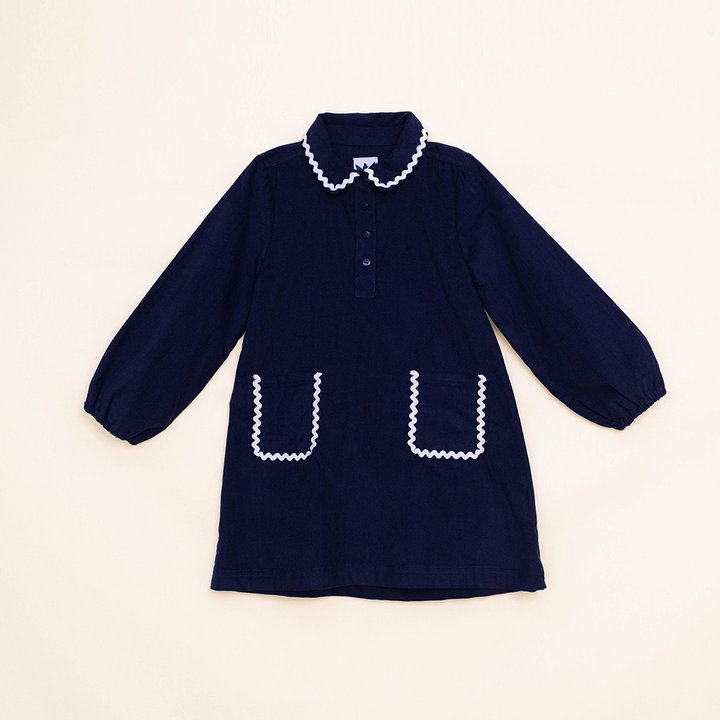 Vestido Azul Oscuro de Corduroy Manga Larga, para Niña