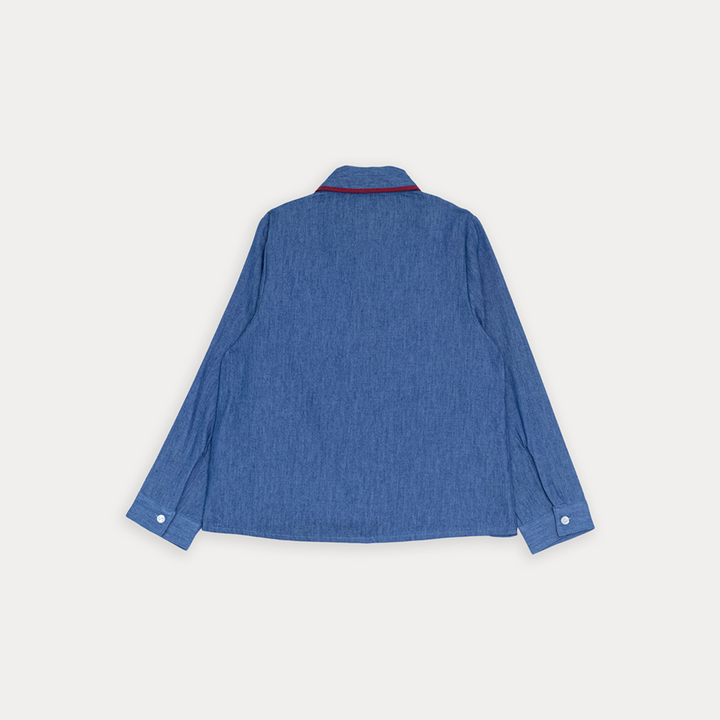 Camisa De Chambray Manga Larga Con Detalle Vinotinto En En Cuello Y Frente Para Niña
