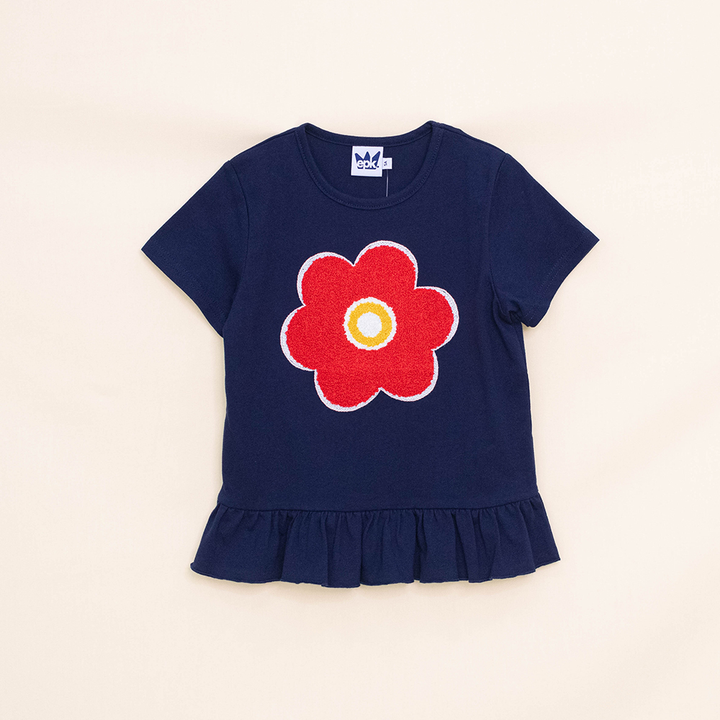 Franela Azul Oscura de Algodón con Gráfico de Flor Roja en Técnica de Toalla, para Niña