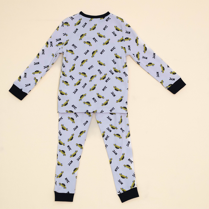 Pijama Blanca de Algodón con Estampado de Taxis y NyC para Niño