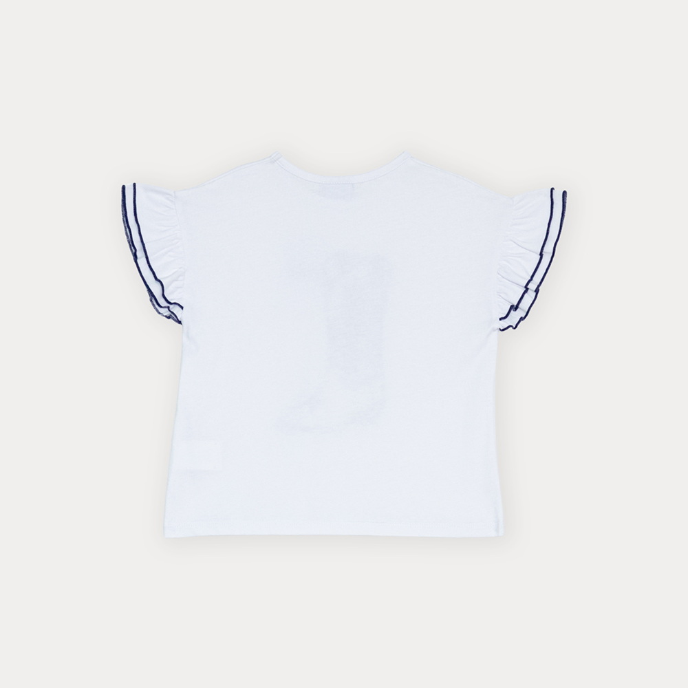 Franela De Algodón Blanca Con Gráfico De Bota Vaquera Y Detalles En Terciopelo Azul Marino Para Niña