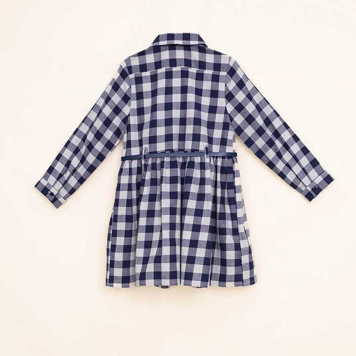 Vestido de Flannel con Estampado de Cuadros Azules y Crema, con Cinturón, para Niña
