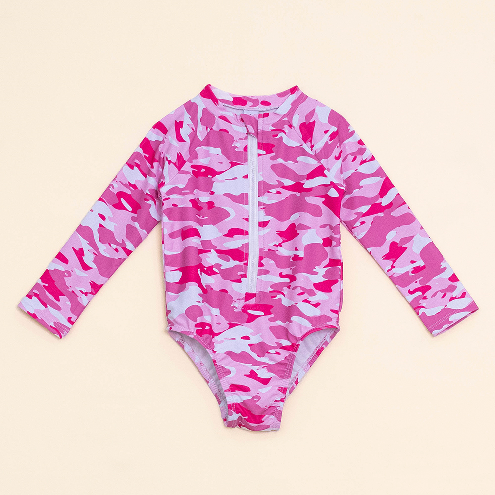 Traje de Baño Manga Larga entero con Estampado Rosado de Camuflaje para Bebé Niña