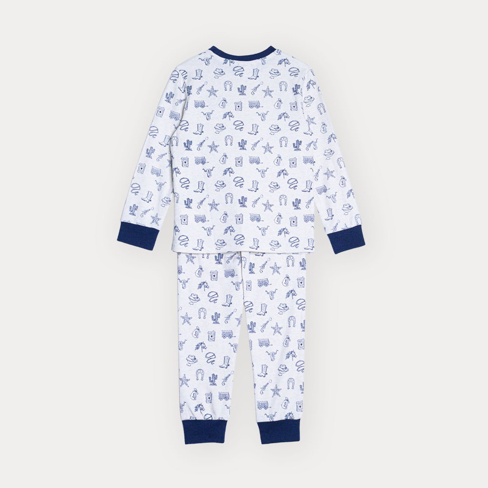 Pijama De Algodón Crema Con Estamapado Vaquero En Azul Marino Para Niño