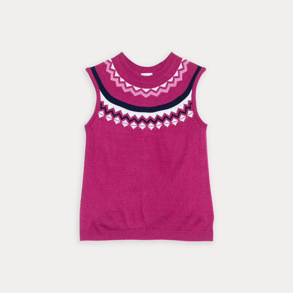 Chaleco De Algodón Tejido Fuscsia Con Detalles Azul Marino Y Blanco Para Niña