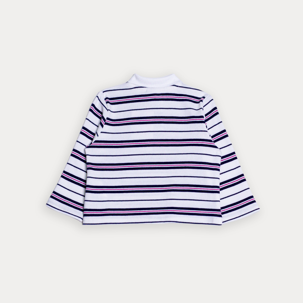 Chemise De Algodón Manga Larga De Rayas Y Bordado De Flor Fucsia Para Bebe Niña