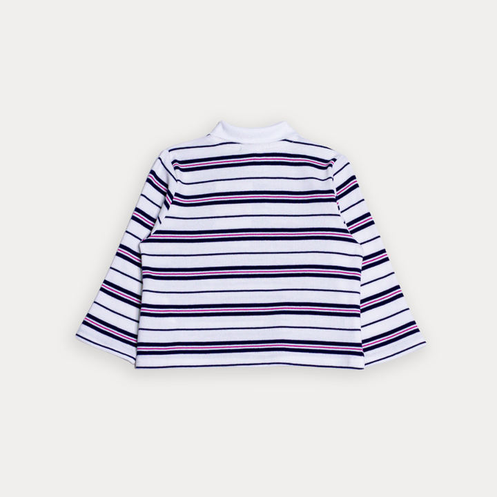 Chemise De Algodón Manga Larga De Rayas Y Bordado De Flor Fucsia Para Bebe Niña