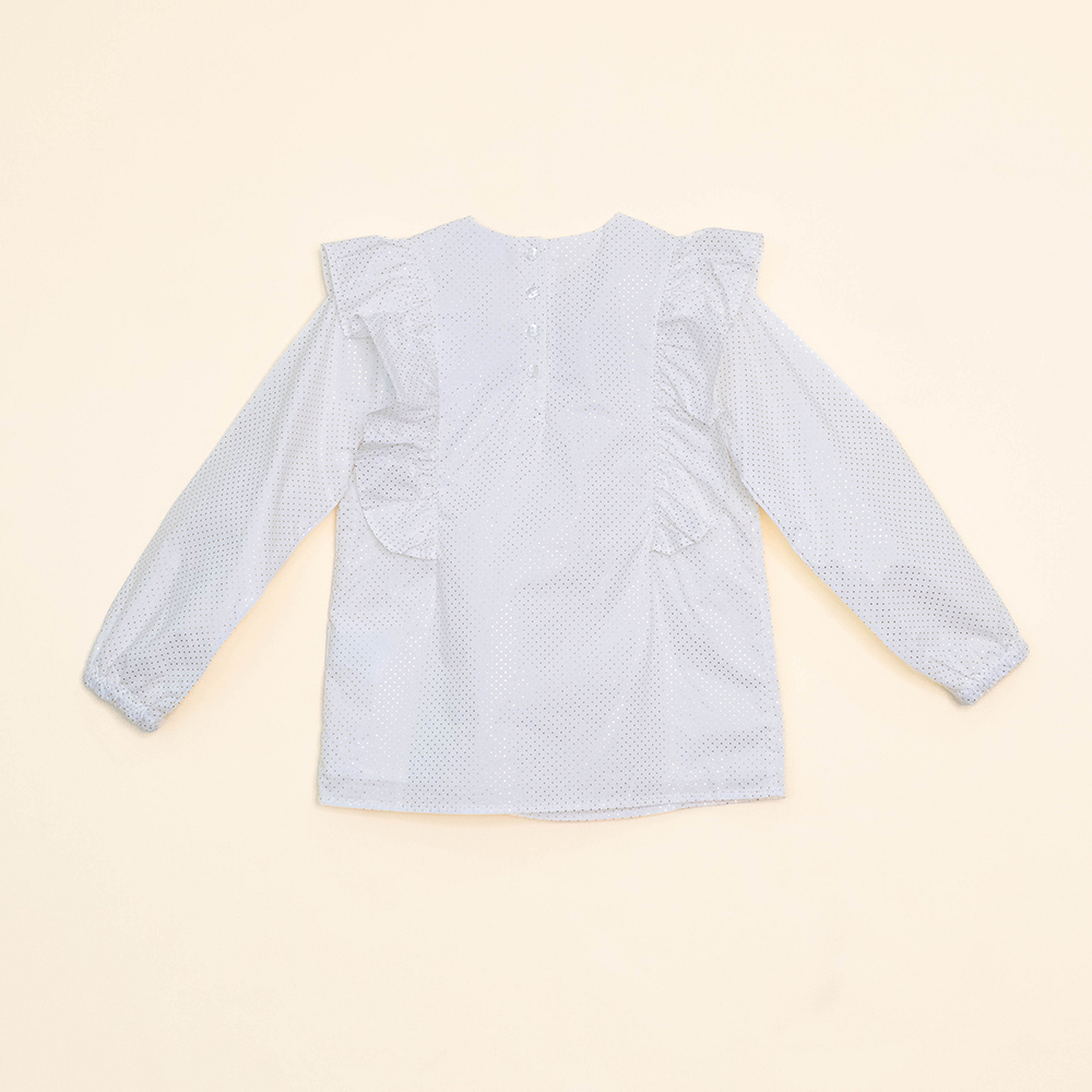 Blusa Color Hueso de Popelina, Manga Larga, con Bordado Dorado de Flores en el Cuello, para Niña