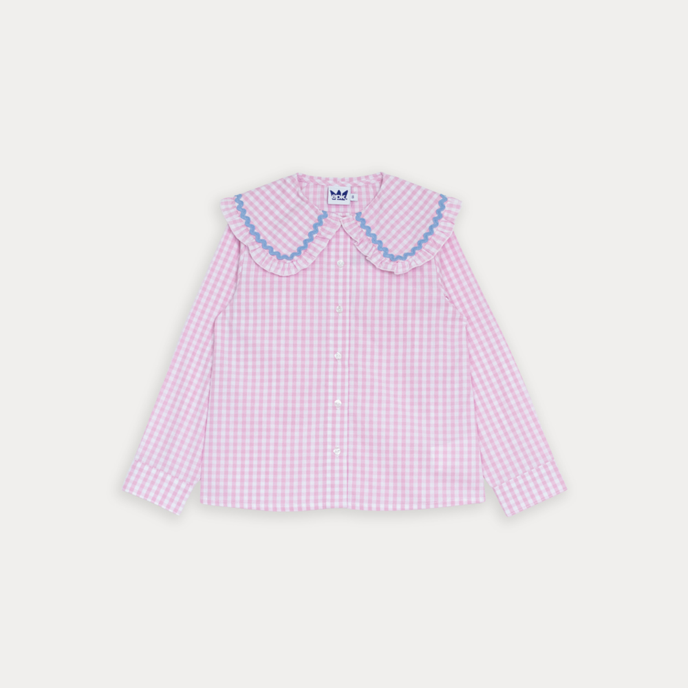 Blusa De Popelina Con Estampado De Cuadros Rosados Y Detalle Azul Clarito En El Cuello Para Niña