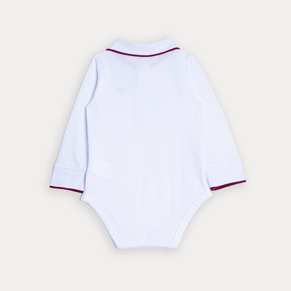Body Chemise De Algodón Blanco Manga Larga Con Detalles En Vinotinto Para Bebe Niño