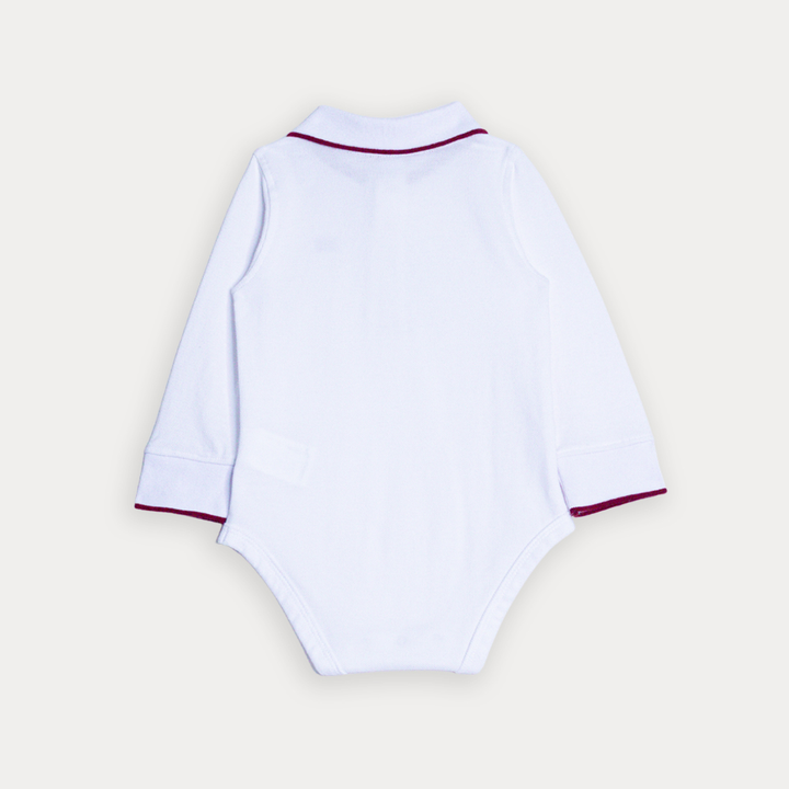 Body Chemise De Algodón Blanco Manga Larga Con Detalles En Vinotinto Para Bebe Niño