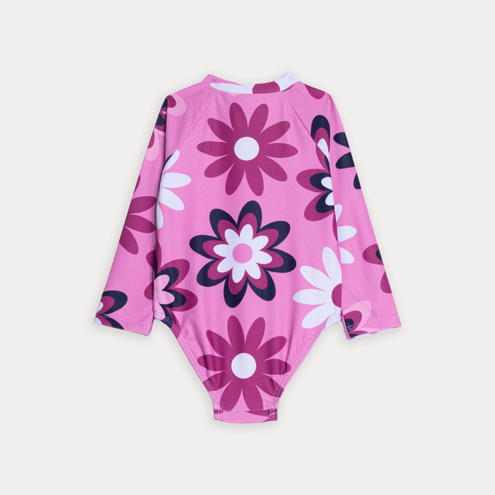 Traje De Baño Manga Larga Rosado Con Estampado De Flores Grandes Para Bebe Niña