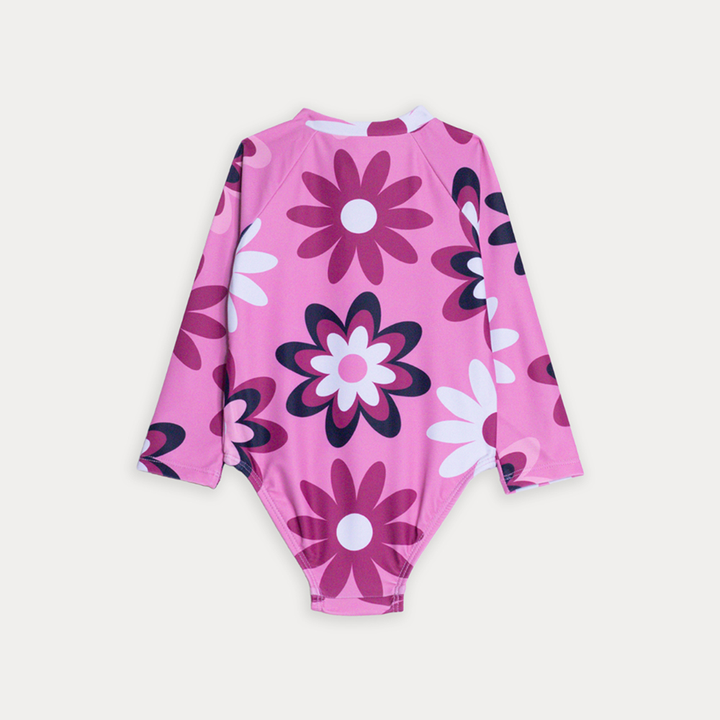Traje De Baño Manga Larga Rosado Con Estampado De Flores Grandes Para Bebe Niña