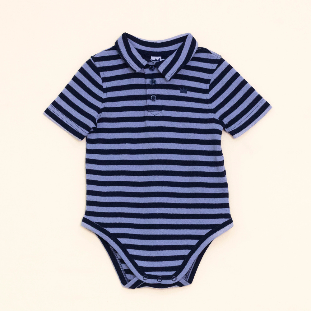 Body de Chemise con Rayas Azules Oscuras y Claras, Manga Corta,  para Bebé Niño