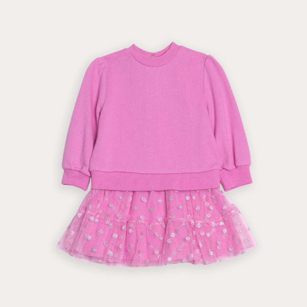 Vestido De Algodon Rosado Manga Larga Con Falda De Tull Y Estampado De Punticos Plateados Para Bebe Niña