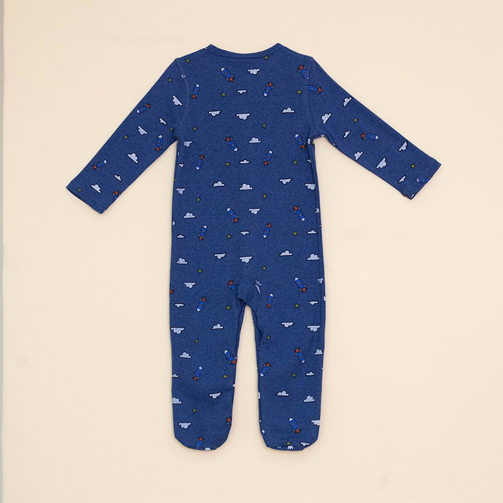 Pijama Azul de Algodón con Estampado de Nubes y Cohetes para Bebé Niño