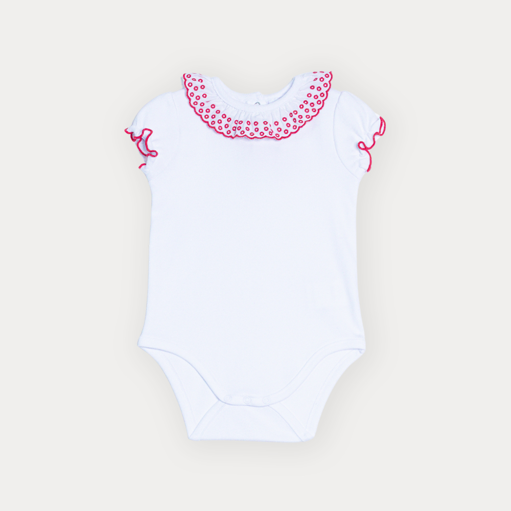 Body De Algodón Blanco Con Detalles Rojos Bordados En El Cuello Para Bebe Niña