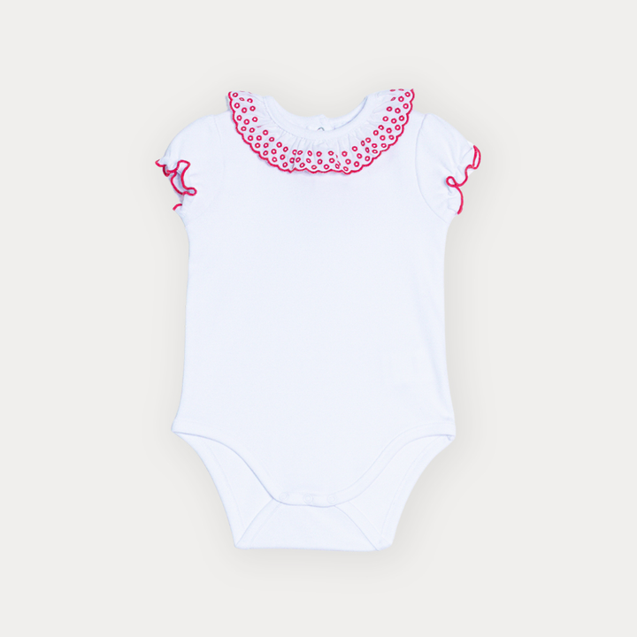 Body De Algodón Blanco Con Detalles Rojos Bordados En El Cuello Para Bebe Niña