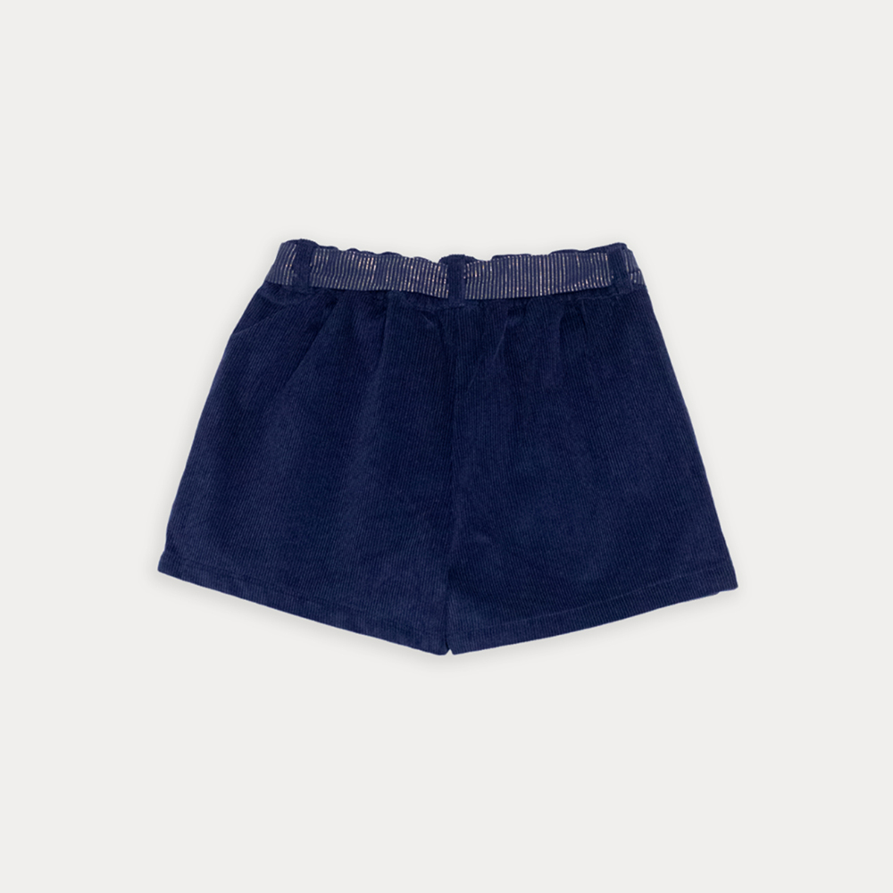 Short De Corduroy Azul Marino Con Cinturón De Popelina Ligera Estampada Para Niña