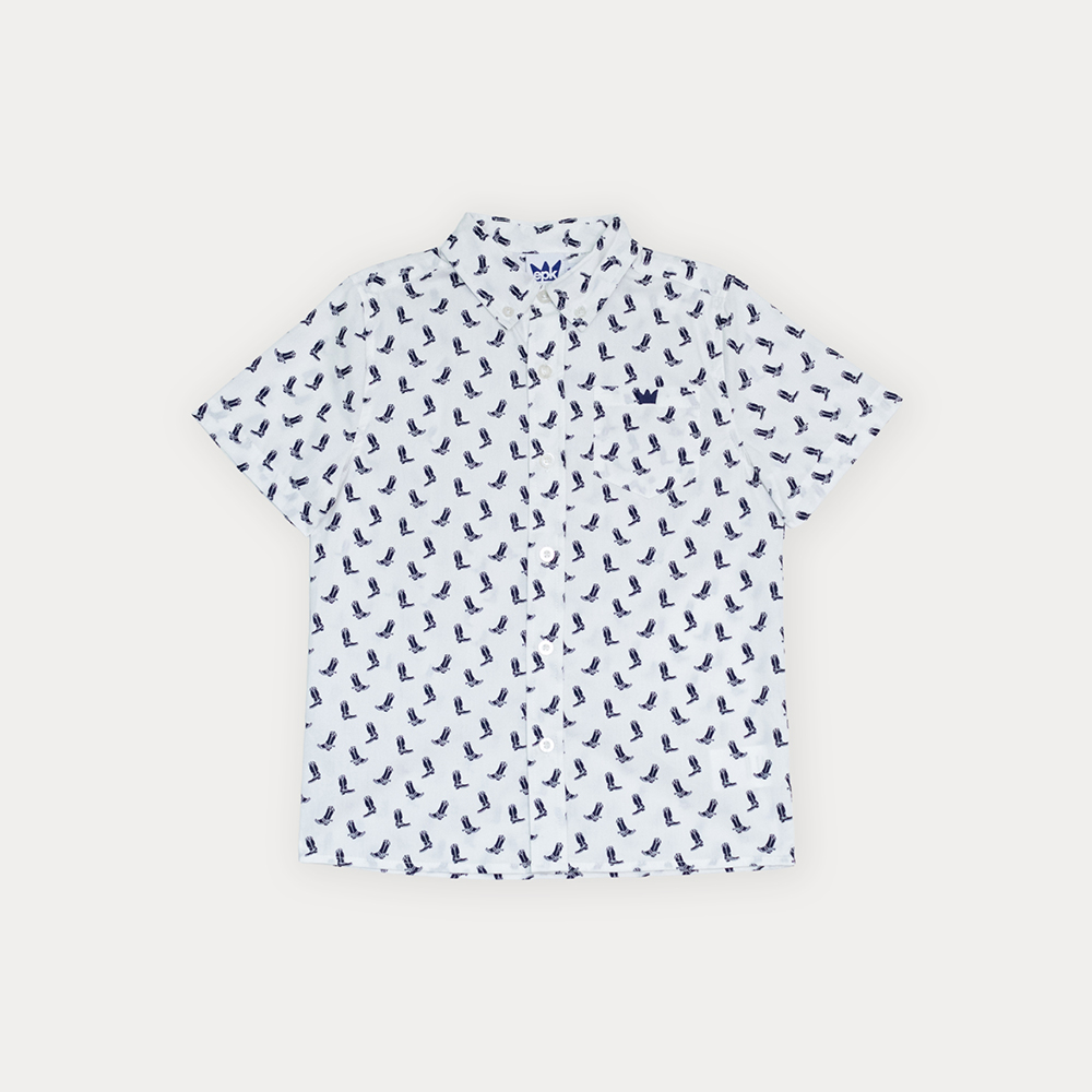 Camisa De Popelina Blanca Con Estampado De Botas Vaqueras Para Niño