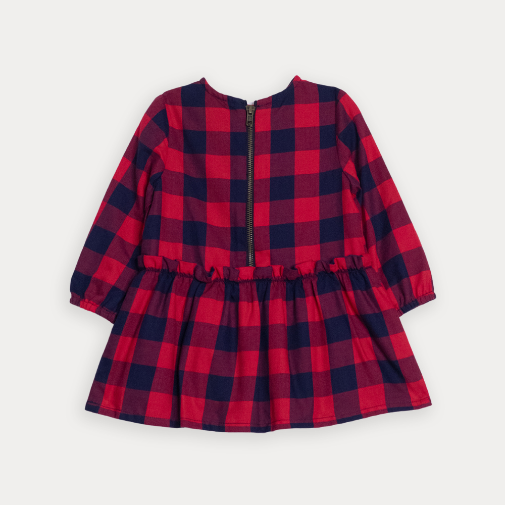 Vestido De Flannel Twill Con Estampado De Cuadros Vinotinto Y Azul Marino Para Bebe Niña