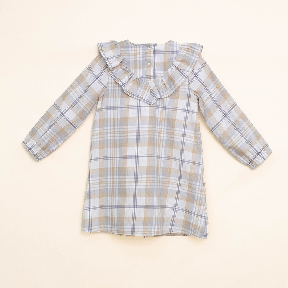 Vestido de Flanel Twill de Cuadros Grises y Crema con Rayas Doradas para Niña