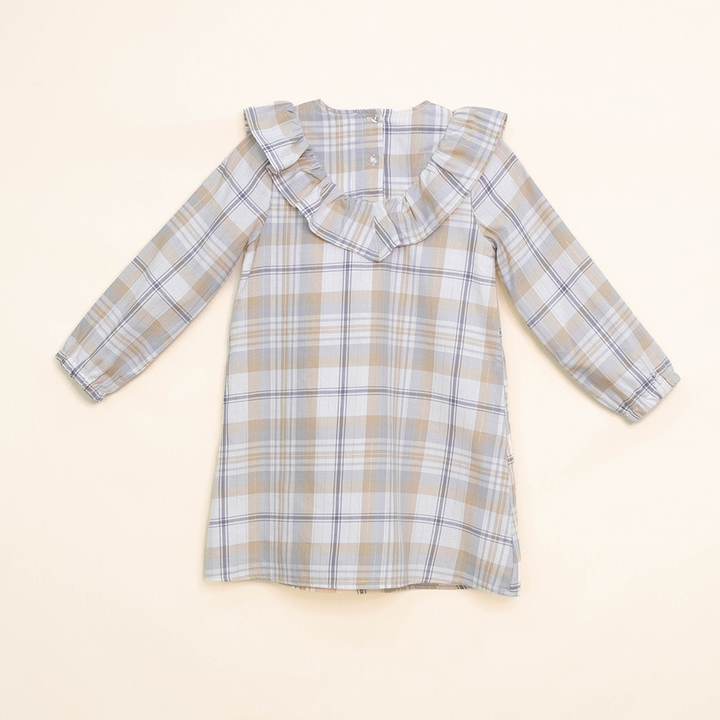 Vestido de Flanel Twill de Cuadros Grises y Crema con Rayas Doradas para Niña