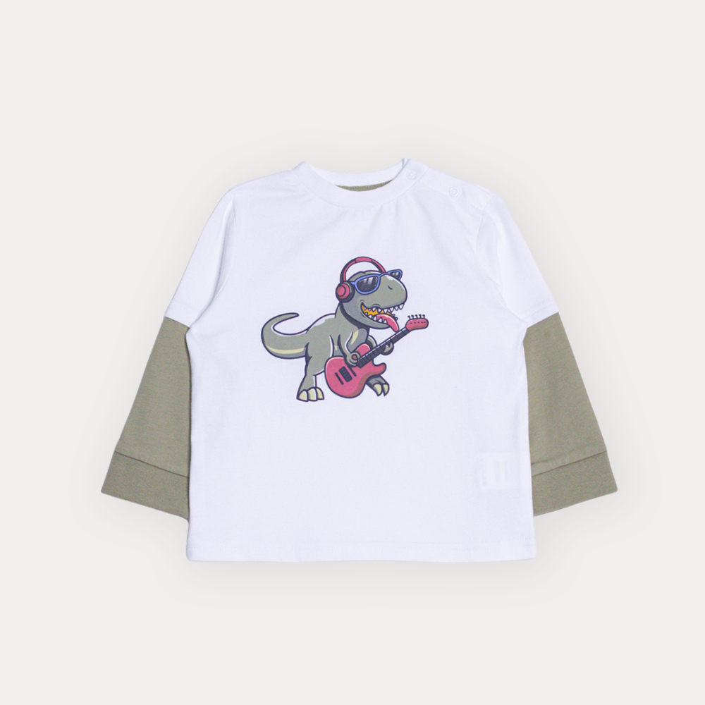 Franela De Algodón Blanco Con Gráfico De Dinosaurio Y Mangas Largas En Verde Para Bebe Niño