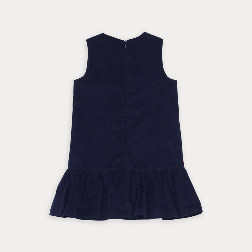 Vestido De Corduroy Azul Marino Con Guipur Rojo Para Niña