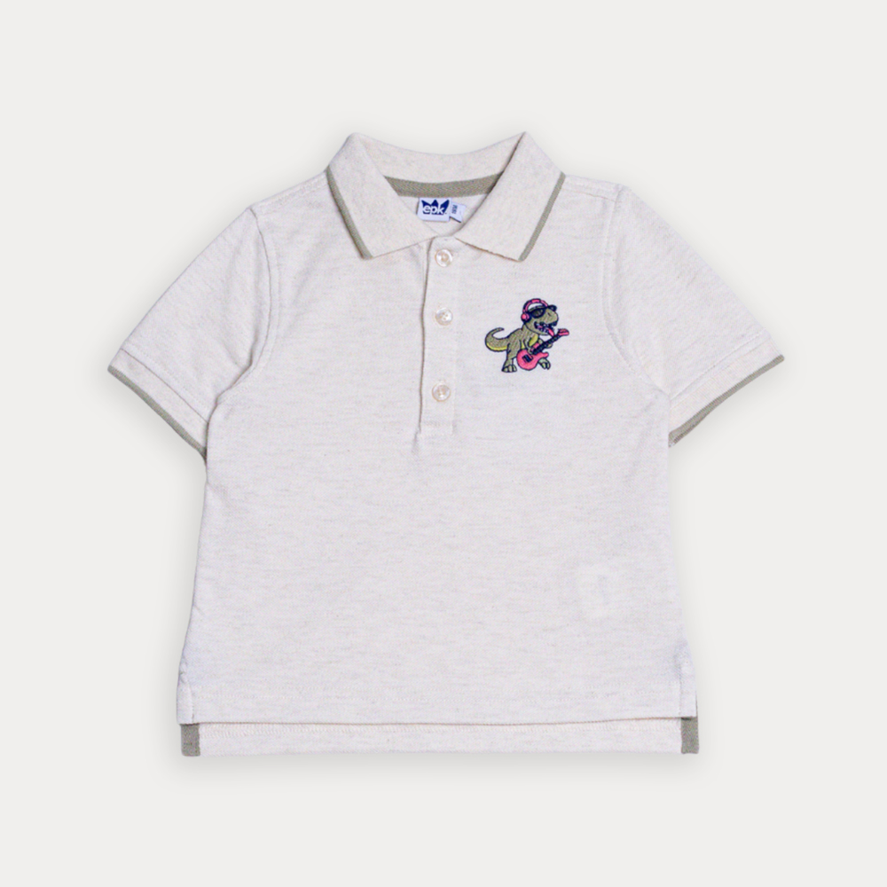 Chemise De Piqué Crema Con Bordado De Dinosaurio Para Bebe Niño