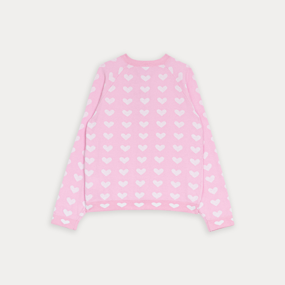 Cardigan De Algodón Tejido Rosado Con Estampado De Corazones Blancos Para Niña