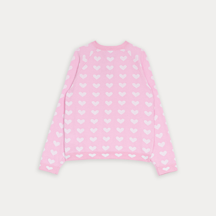 Cardigan De Algodón Tejido Rosado Con Estampado De Corazones Blancos Para Niña