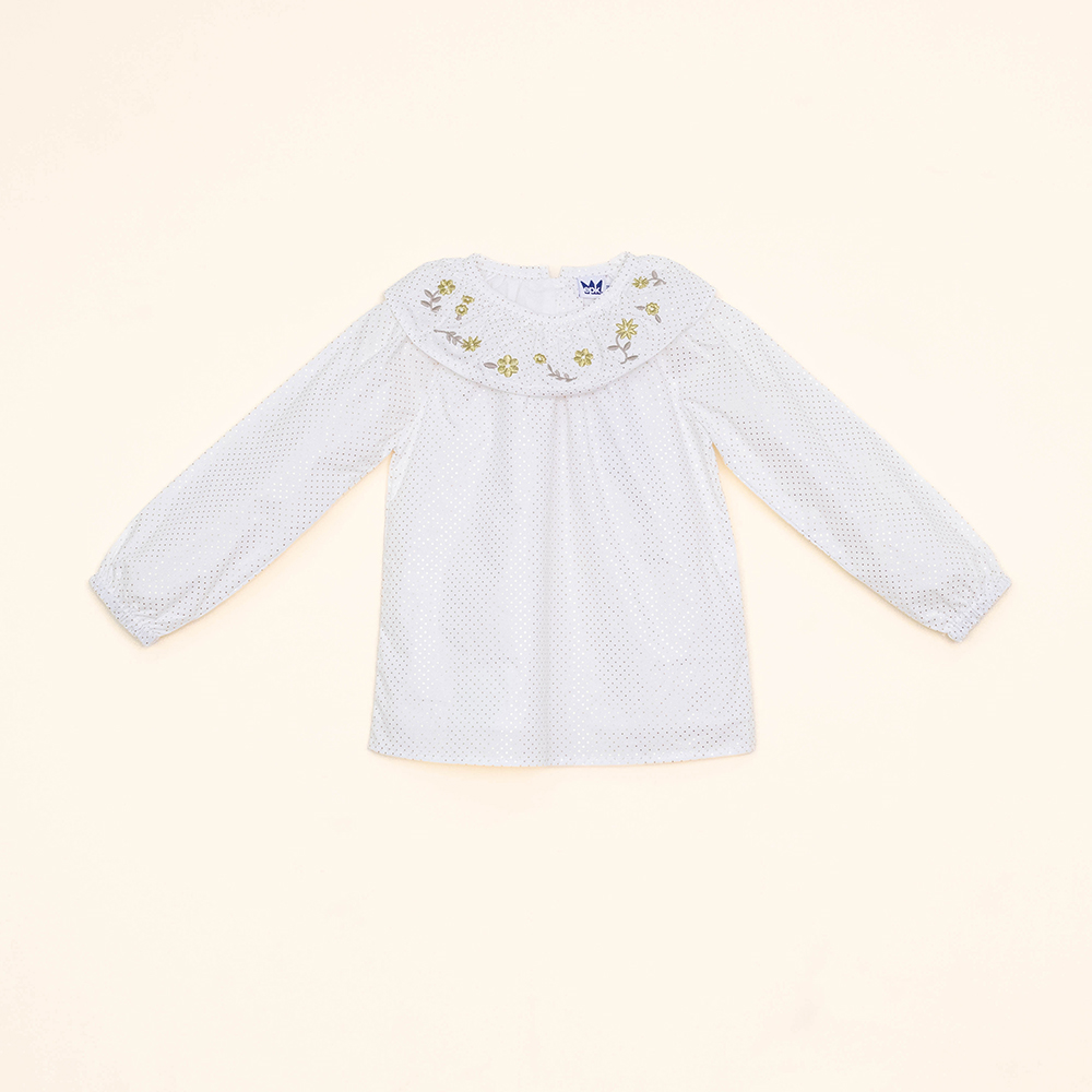 Blusa Manga Laga Color Crema de Algodón, con Bordado Dorado de Flores en el Cuello para Bebé Niña