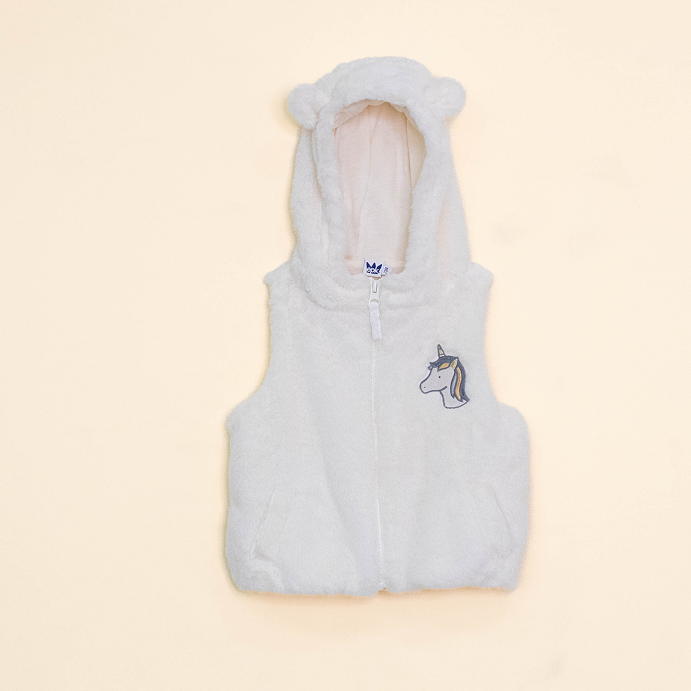 Chaleco Color Crema de Felpa con Bordado de Unicornio para Bebé Niña