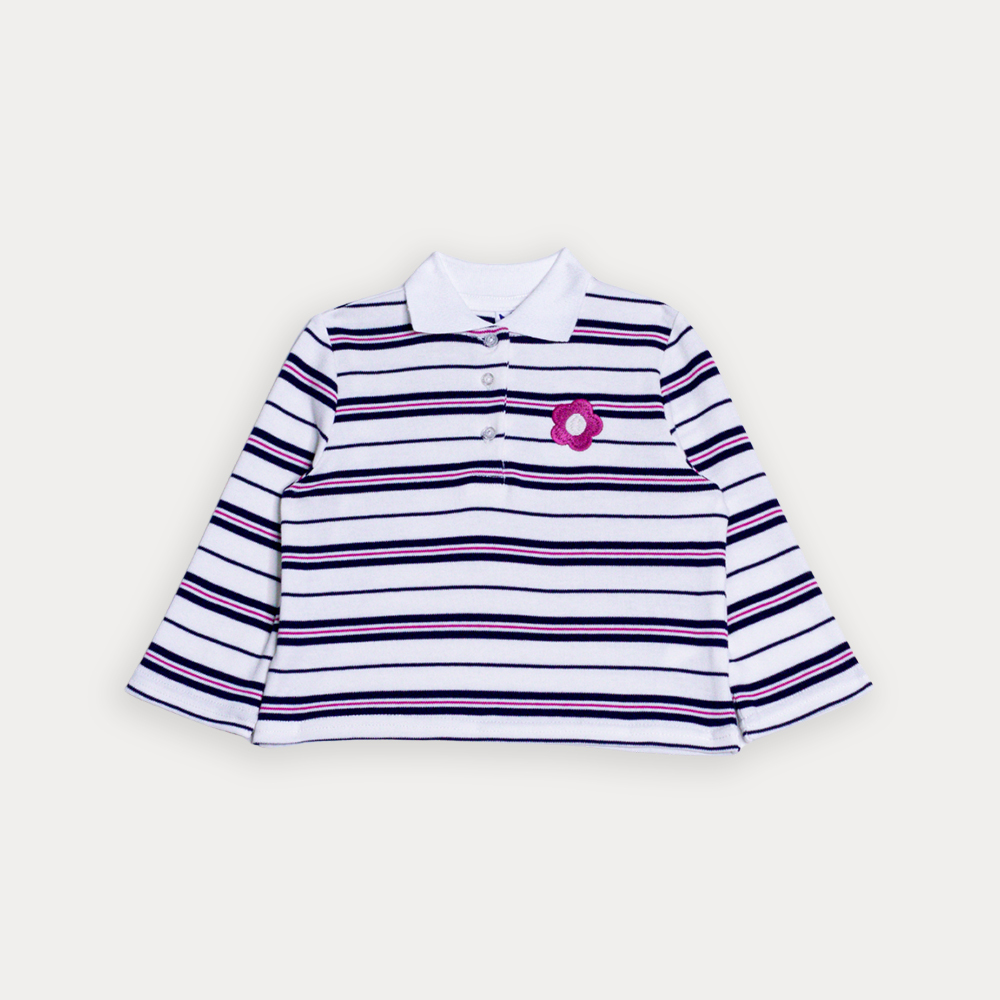 Chemise De Algodón Manga Larga De Rayas Y Bordado De Flor Fucsia Para Bebe Niña