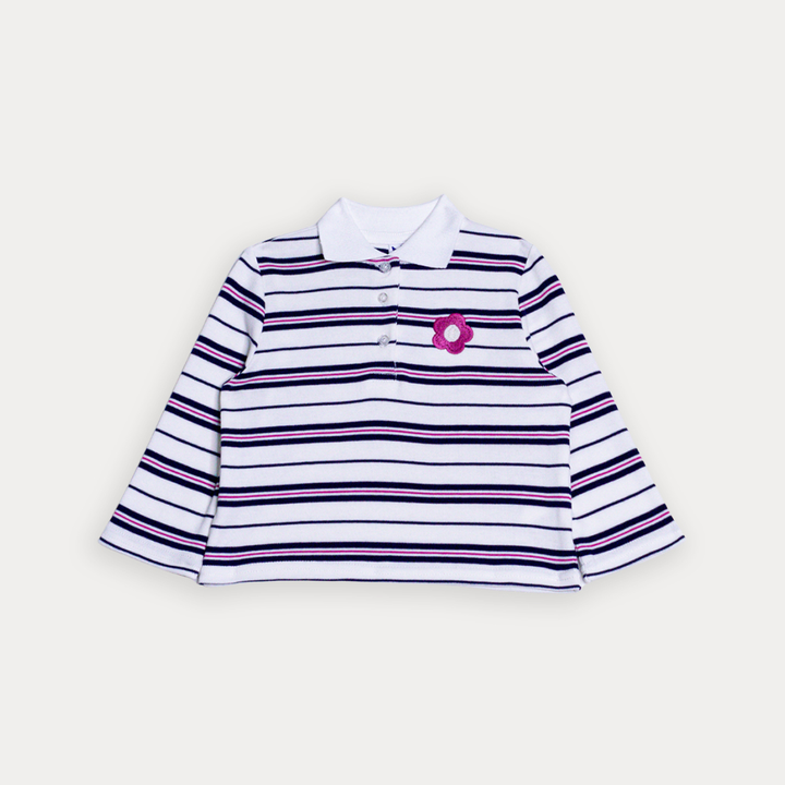 Chemise De Algodón Manga Larga De Rayas Y Bordado De Flor Fucsia Para Bebe Niña