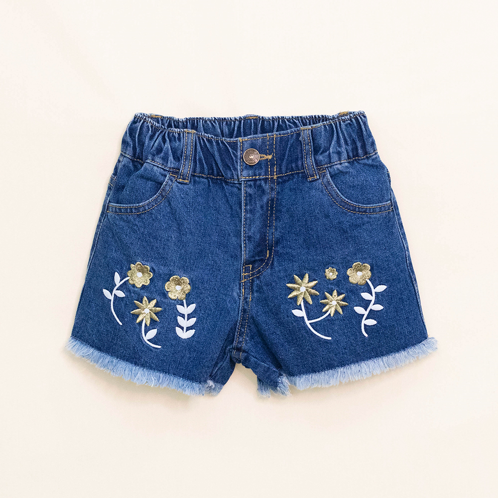 Short de Jean Azul con Bordado Dorado de Flores para Niña