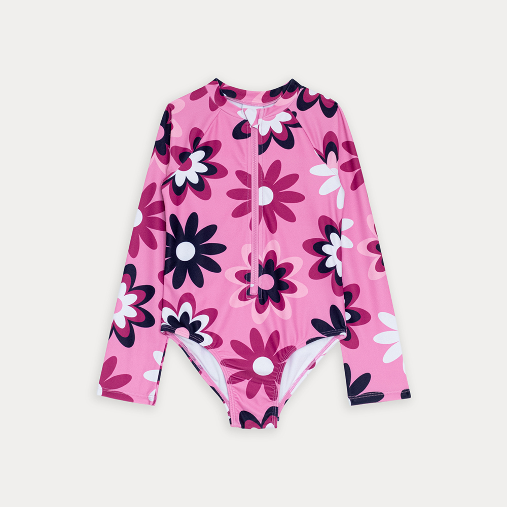 Traje De Baño Manga Larga Rosado Con Estampado De Flores Grandes Para Niña