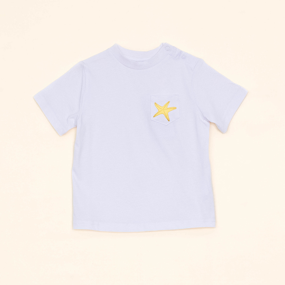 Franela Blanca de Algodón con Gráfico en Bolsillo de Estrella de Mar para Bebé Niño