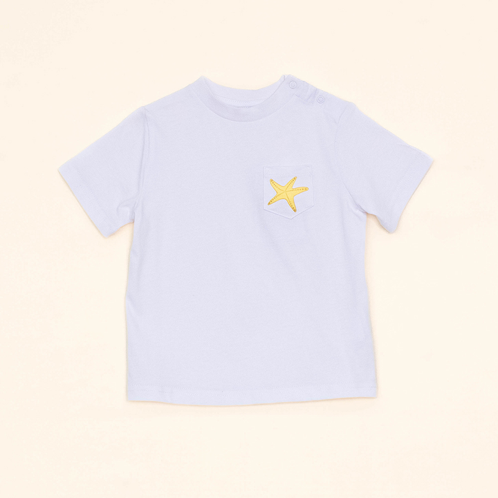 Franela Blanca de Algodón con Gráfico en Bolsillo de Estrella de Mar para Bebé Niño