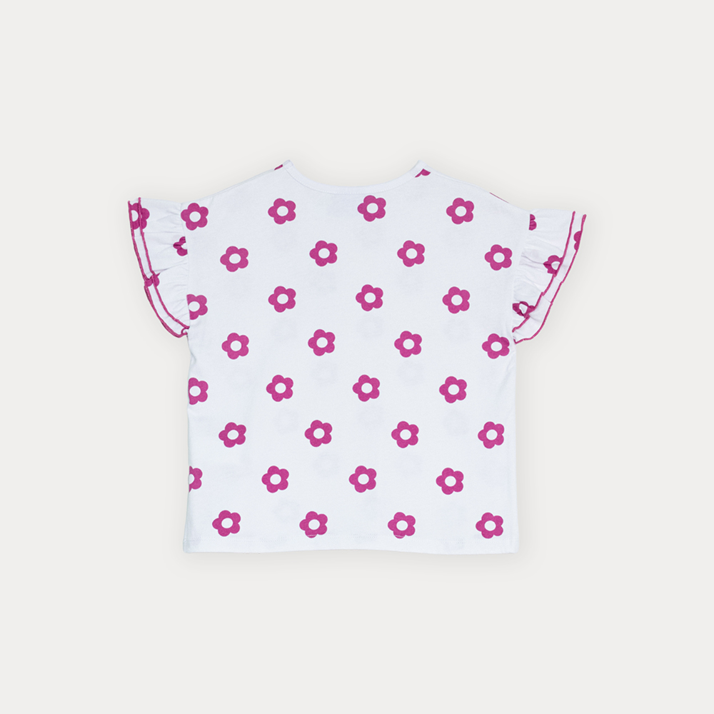 Franela De Algodón Blanco Con Estampado De Flores Fucsia Para Niña