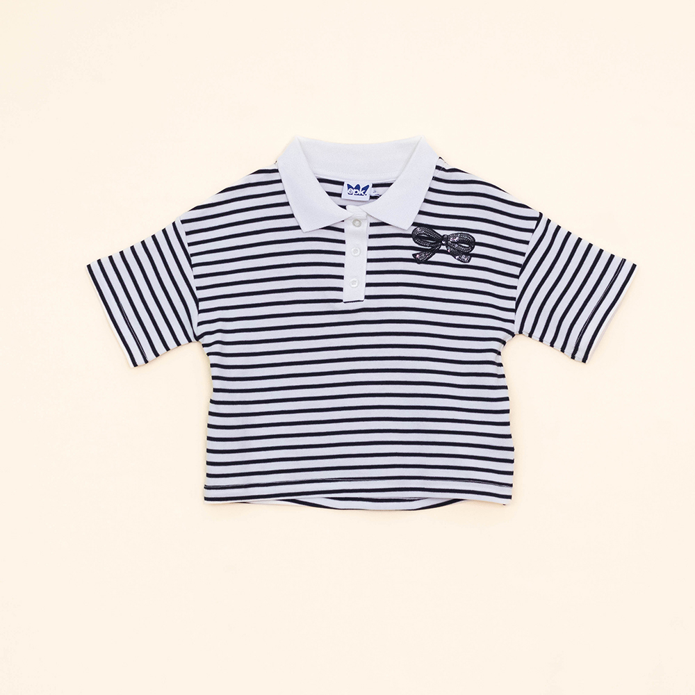 Chemise Color Hueso con Rayas Negras y Lazo de Lentejuelas para Niña