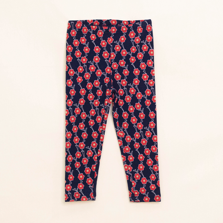 Legging Azul Oscuro de Algodón con Estampado de Flores Rojas para Bebé Niña