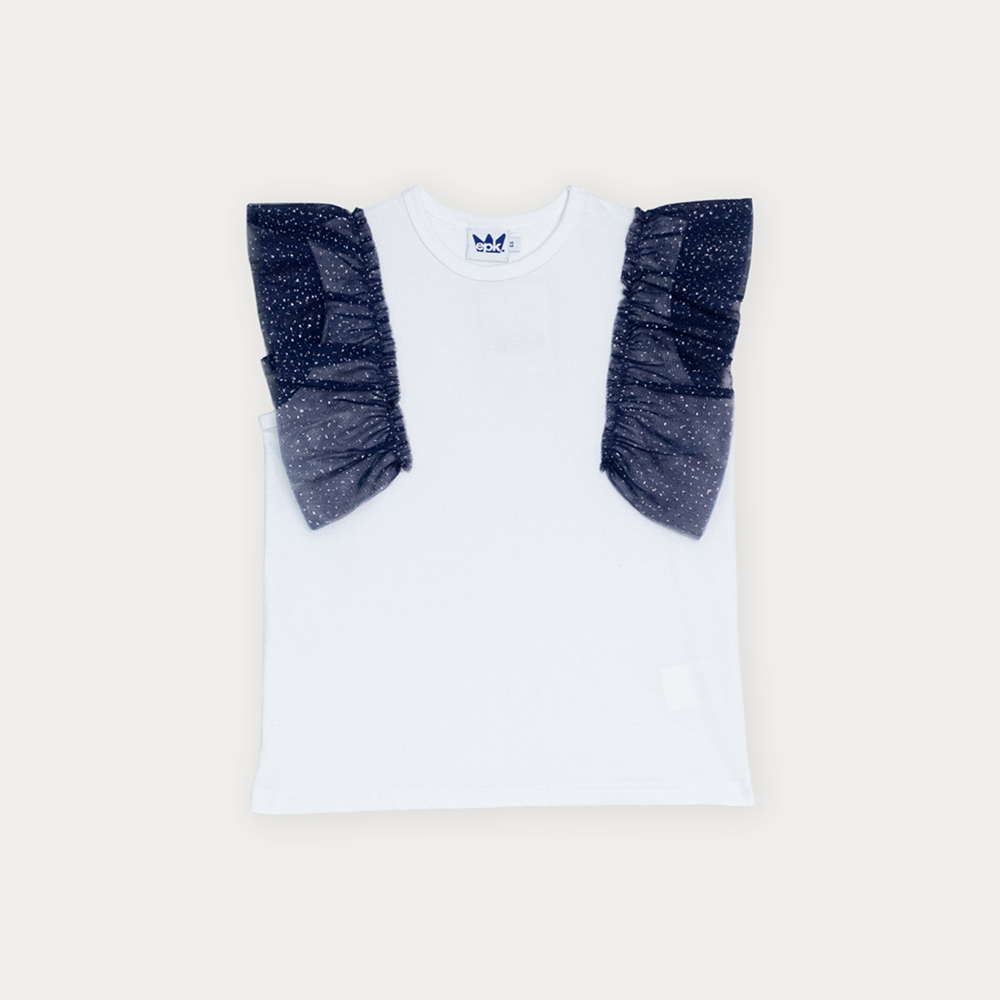 Franela De Algodón Blanco Con Volantes De Tull Azul Marino Para Niña