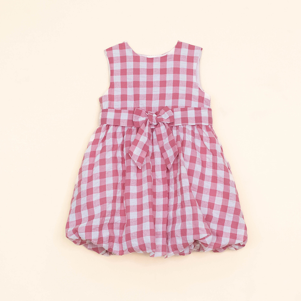 Vestido de Cuadros Rosado y Crema de Sirsoca, con Lazo, para Bebé Niña
