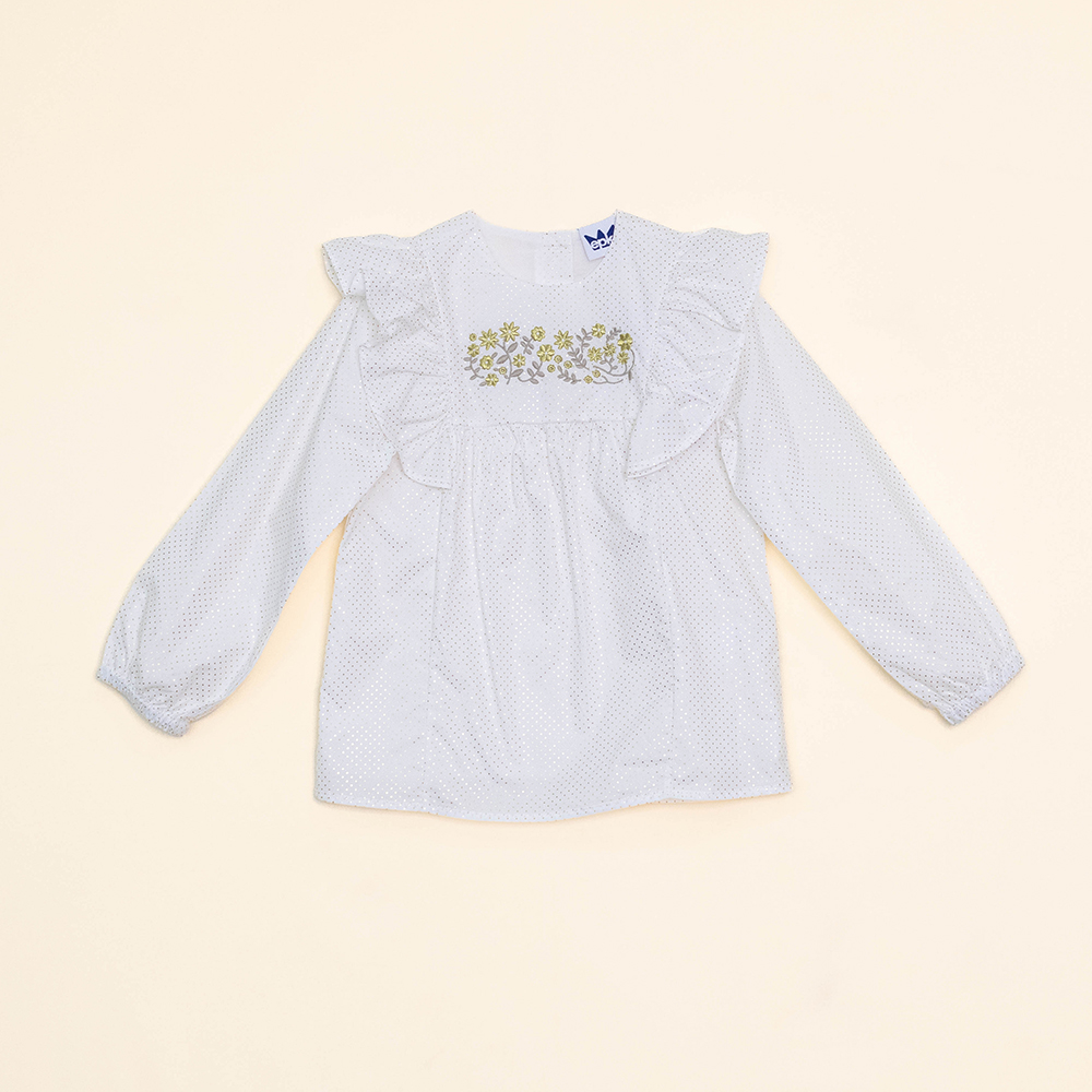 Blusa Color Hueso de Popelina, Manga Larga, con Bordado Dorado de Flores en el Cuello, para Niña