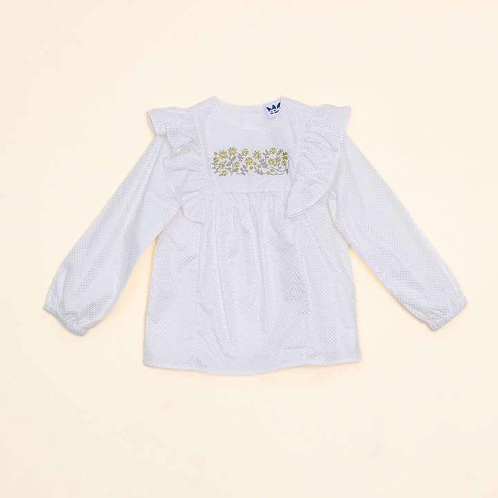 Blusa Color Hueso de Popelina, Manga Larga, con Bordado Dorado de Flores en el Cuello, para Niña