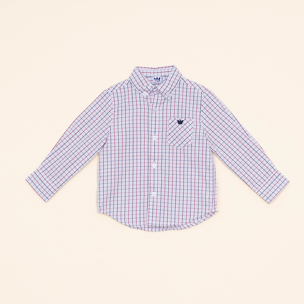 Camisa Blanca Manga Larga de Popelina con Cuadros Azules y Rojos para Bebé Niño