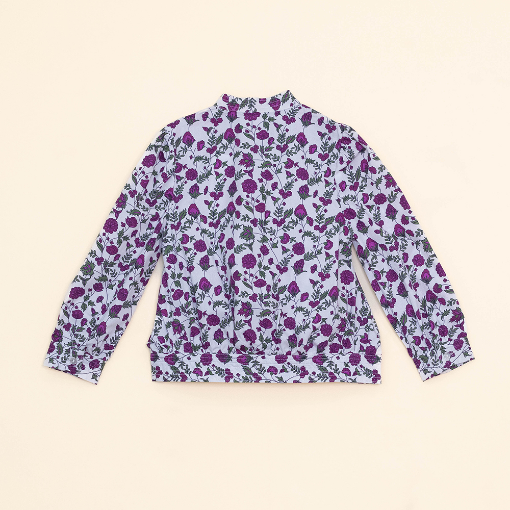 Blusa Blanca de popelina con volante y estampado de flores Moradas para Niña