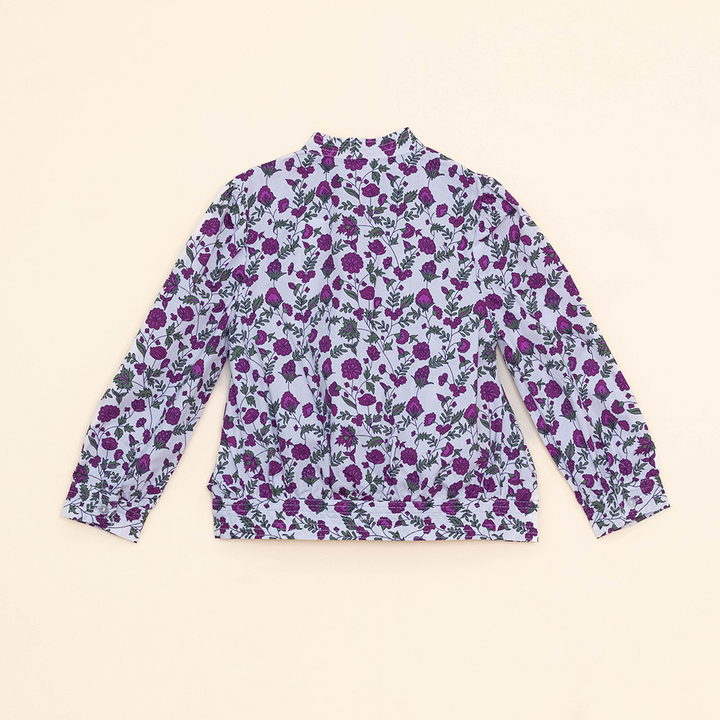 Blusa Blanca de popelina con volante y estampado de flores Moradas para Niña